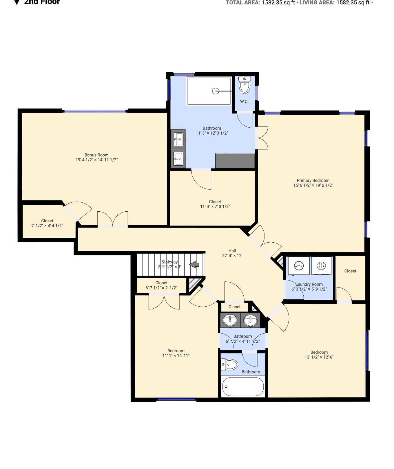 Second floor plan showing primary bedroom and bath, bonus room, two additional bedrooms, jack-and-jill bath, laundry, and central hall.
